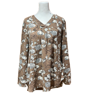 Youtalia Floral V Neck Blouse Beige White Blue Large